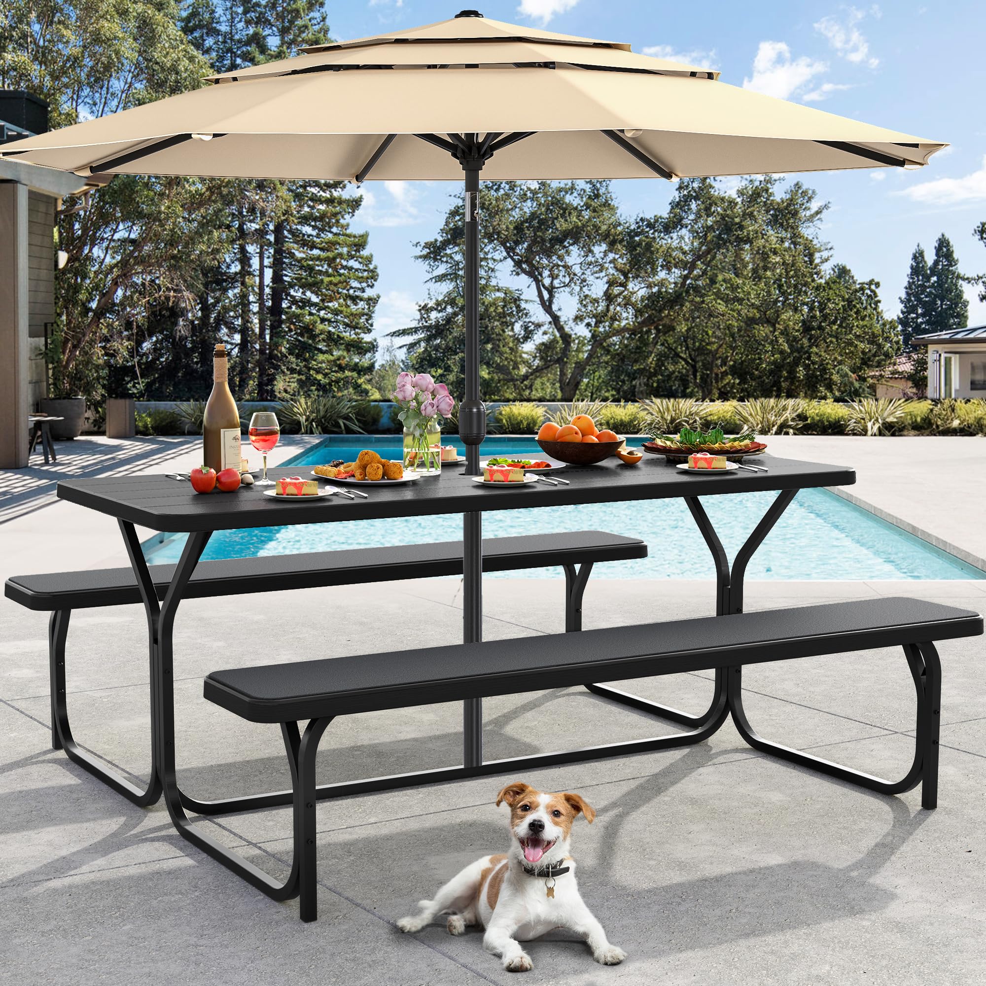 Yitahome 6Ft Outdoor Picnic Table With Wood-Like Tabletop, Sturdy Steel Frame And Umbrella Opening, Heavy Duty Picnic Table Ideal For Yard, Patio, Lawn Gatherings, Black